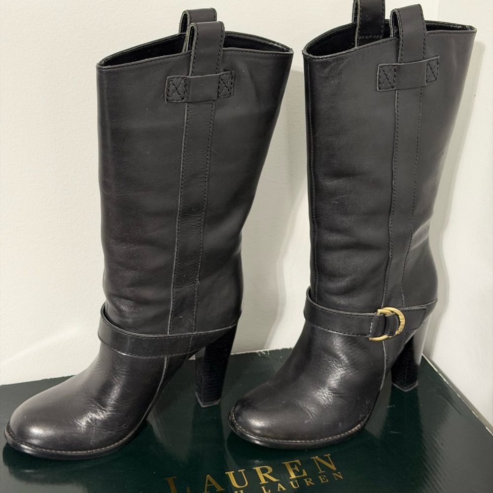 Ralph Lauren Black Leather Heeled Boots with Buckle